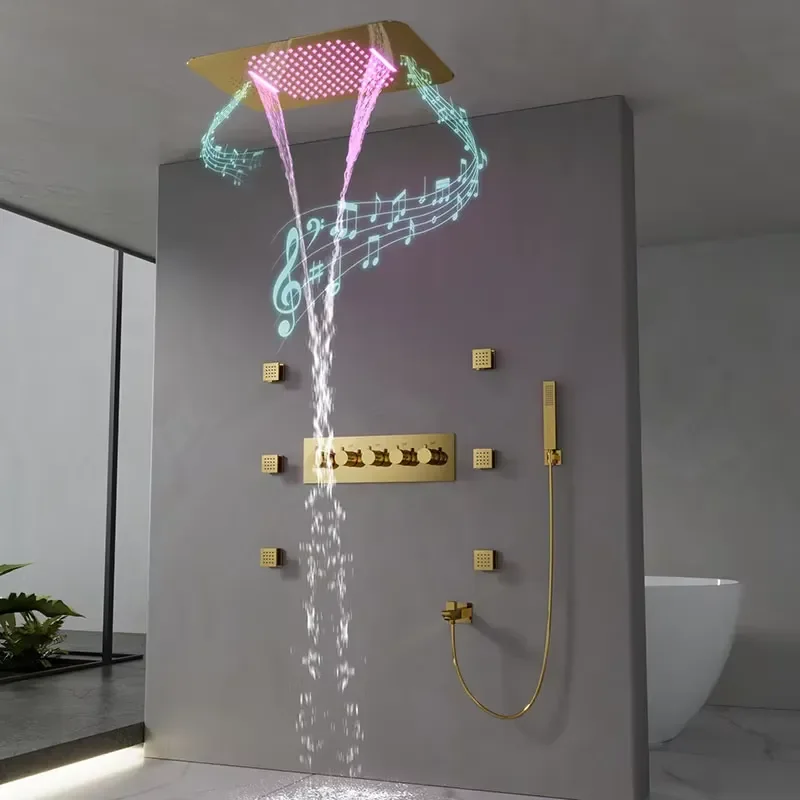 Multifunctional Gold Bathroom Ideas Shower Wholesale Ceiling Music Shower Head Rainfall Massage Thermostatic Shower Set