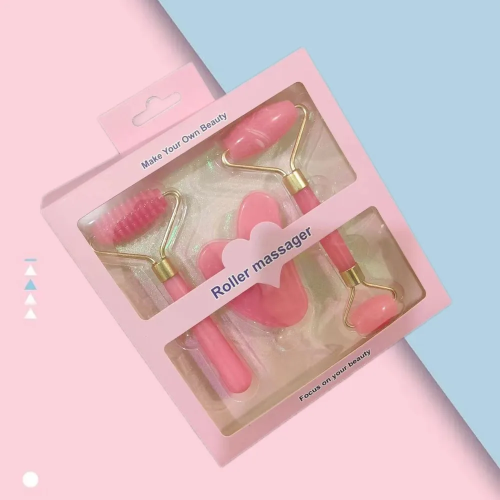 مجموعة مدلك دوارة من الراتنج مكونة من 3 قطع، مدلك دوار مزدوج الرأس للوجه غير اليشم، عصا تدليك تجميل الوجه