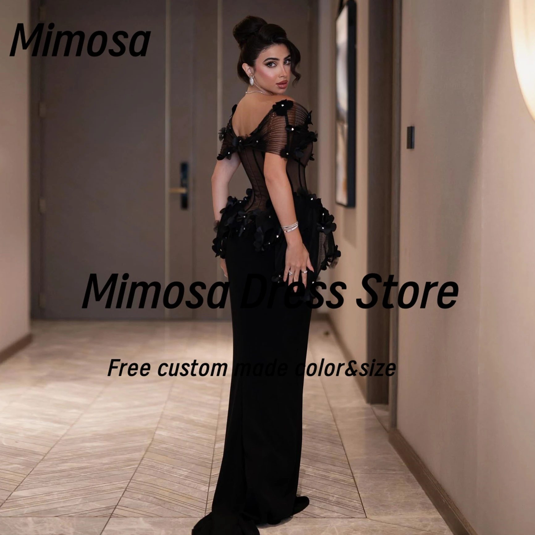 ميموزا الأسود فساتين لحضور الحفلات الموسيقية قبالة الكتف مطرز 3D-الزهور Vestidos Des Fiesta الجانب الشق مثير فستان الحفلات المسائية مخصص