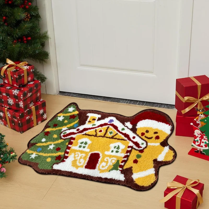 VIKAMA Cute Xmas Gingerbread Cabin Santa Hat Character Shaped Plush Rug Warm Festive Anti Slip Entryway Decor Carpet Home Decor
