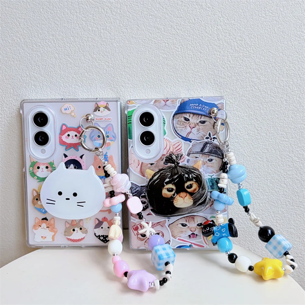 Kawaii Cat Phone Case For Samsung Galaxy Z Fold 8 Ultra Fold7 6 5 4 3 Cute Cat Holder Stand Foldable Shockproof Protective Cover