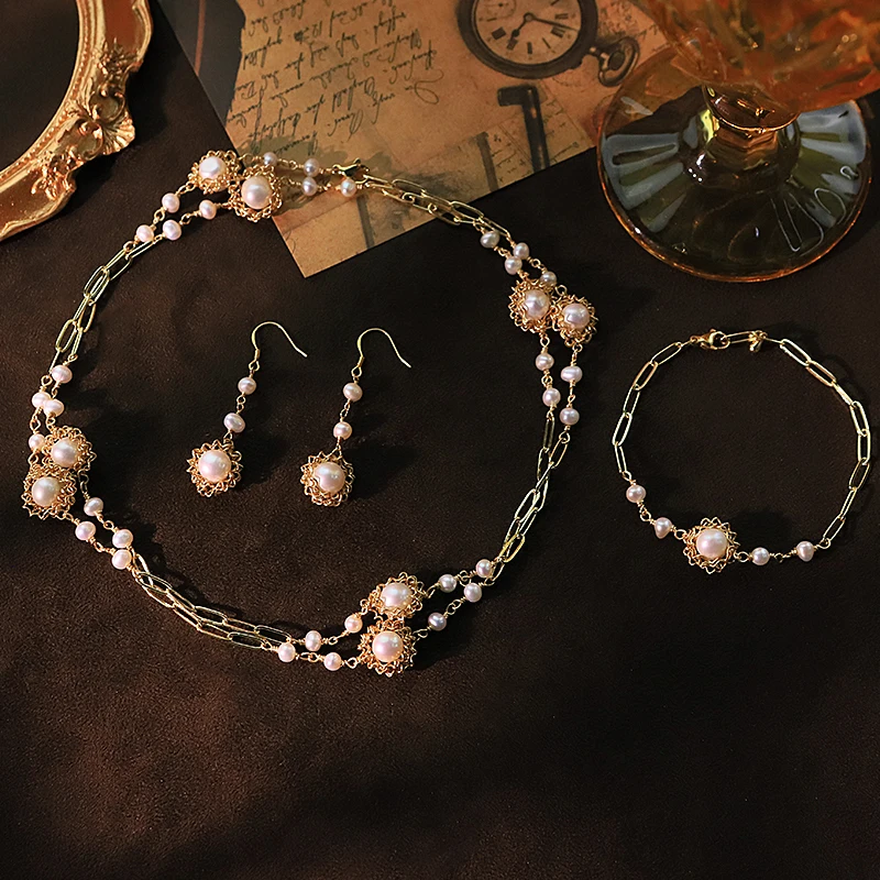 لؤلؤ المياه العذبة الطبيعية زهرة ثلاث قطع مجموعة تصميم فاخر أقراط قلادة سوار هدية مأدبة الزفاف GS0217 #2
