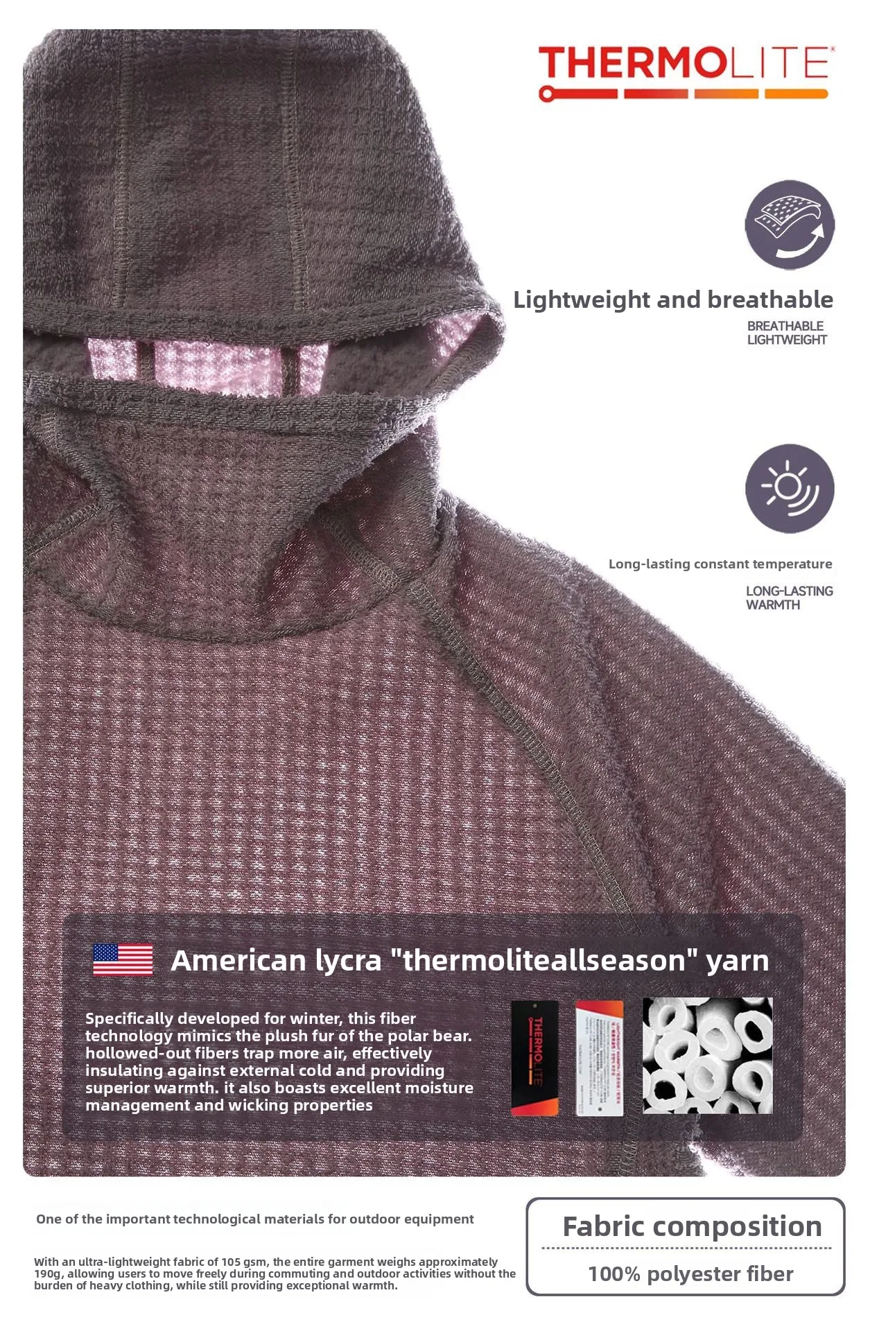 Thermolite Leichtgewichtiger Konstanttemperatur-Wärme-Fleece-Kapuzenpullover mit Air-Fleece-Pullover für Radfahren, Laufen und Sport – Detail 1
