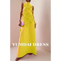 YUMDAI Yellow Luxury Handmade Flower Middle Eastern Women Birthday Evening Gown Sleeveless Summer Elegant Wedding Party Dress