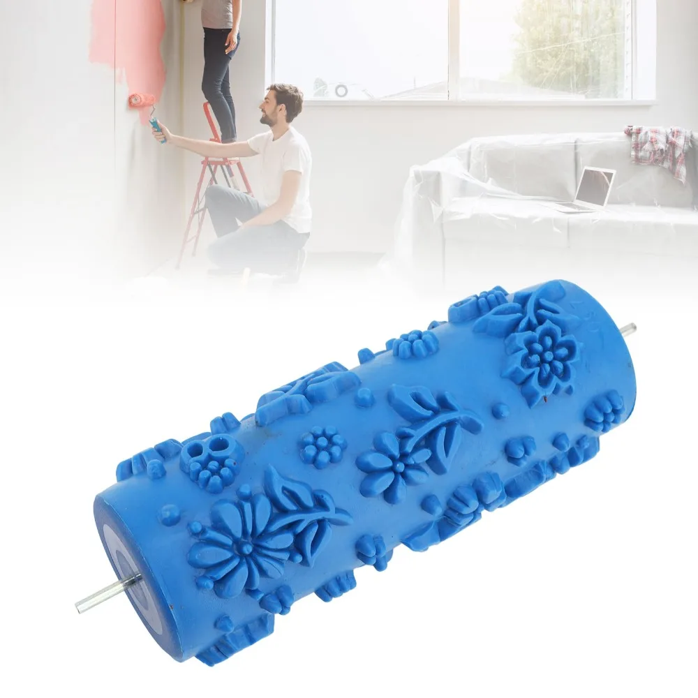 15cm Pattern Paint Roller Rubber Reusable Decorative Texture Roller Blue Flower Decorative Art Roller Cabinet