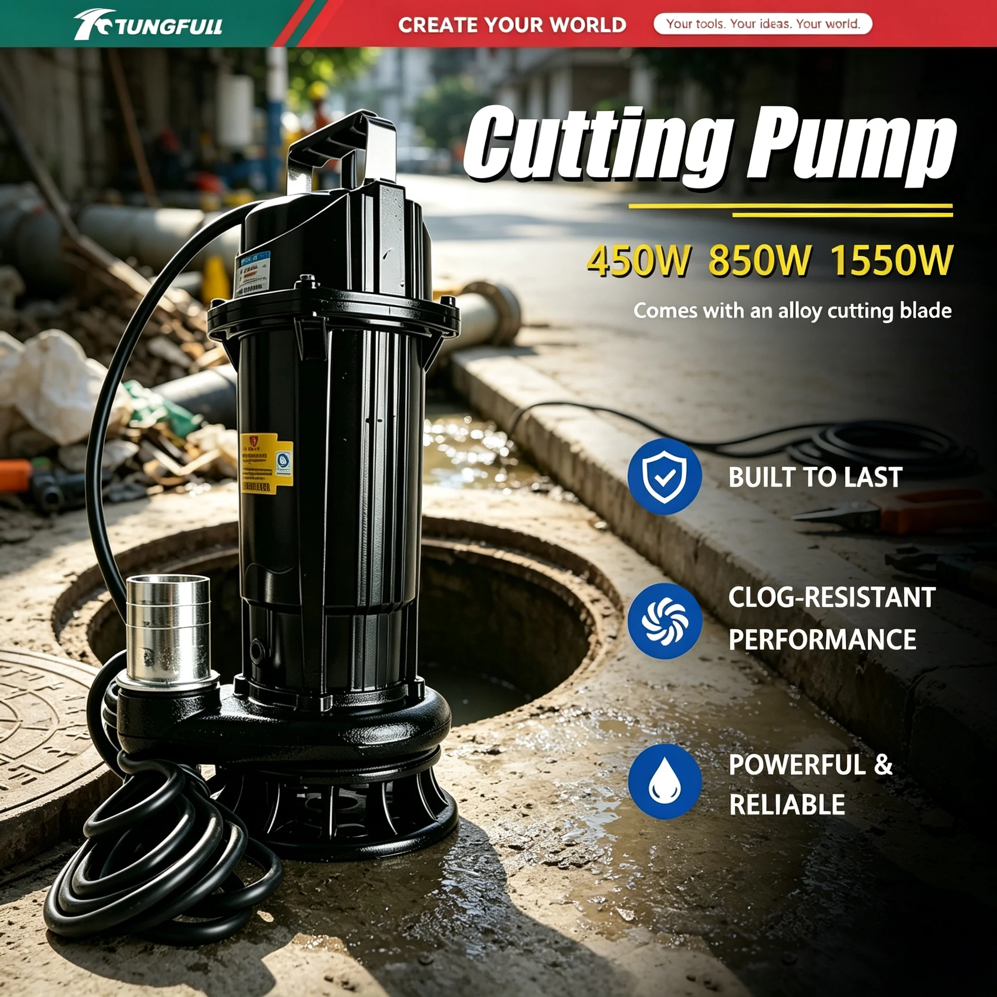 Cutting Sewage Anti‑Clog Submersible Pump 220V 450‑1550W Household Feces Mud Pump Septic Tank Sewage Pumping Machine