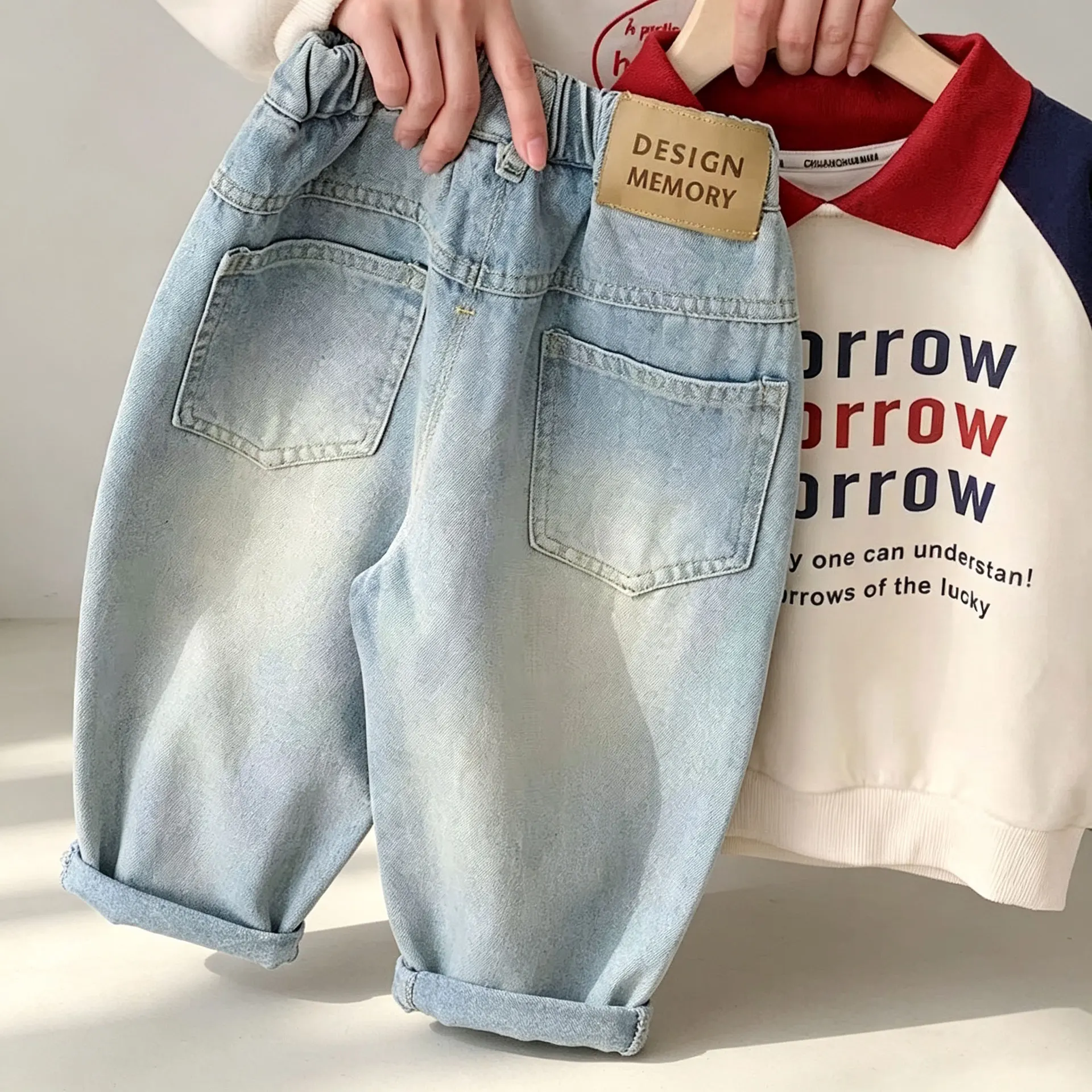 RAISE Autumn Children Boys Jeans Ins Light Blue Loose Infant Babys Boys Denim Pants Casual Sticker 2-8Yrs Kids Boys Trousers