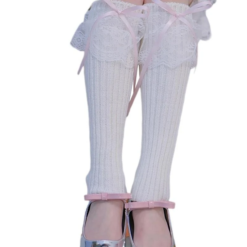 الجمالية الأنيقة الدانتيل تقليم جوارب السيقان للنساء الأنماط اليابانية الحلو Bowknot مضلع متماسكة الساق غطاء للأكمام الجوارب #4