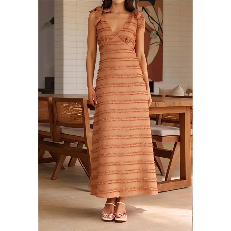 

ASDS-Women's Summer Long Dress Lace Up V Neck Tassel Slim Fit A Line Dresses Flowy Sundress