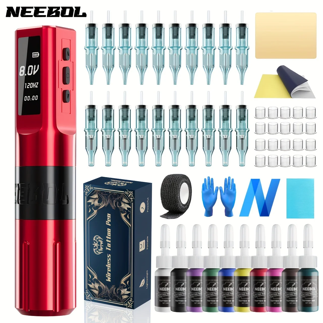 

Neebol 60pcsTattoo Machine Kit, Wireless Tattoo Pen with 2000mAh Battery,Digital Screen, 20 Cartridge Needles, 10 Inks, Complete
