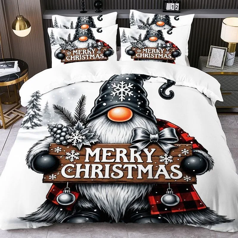 Christmas-themed Printed Duvet Cover and Pillowcase Set Santa Claus Reindeer Sleigh Christmas Tree Snowflakes 2pcs/3pcs Bedding