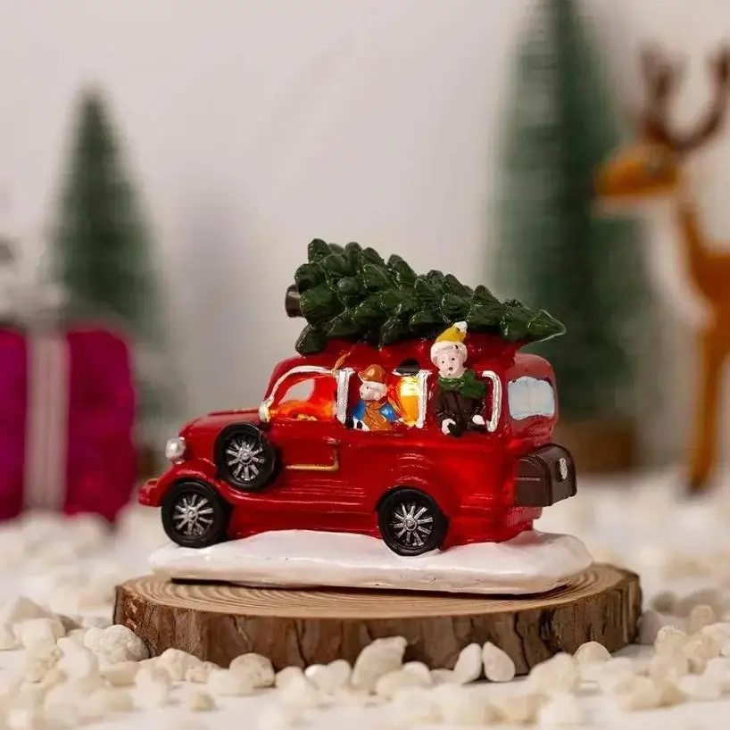 Resin Christmas Truck Ornament With LED Light Luminous Mini Car Figurine For Window Display Home Holiday Party Tabletop Decor