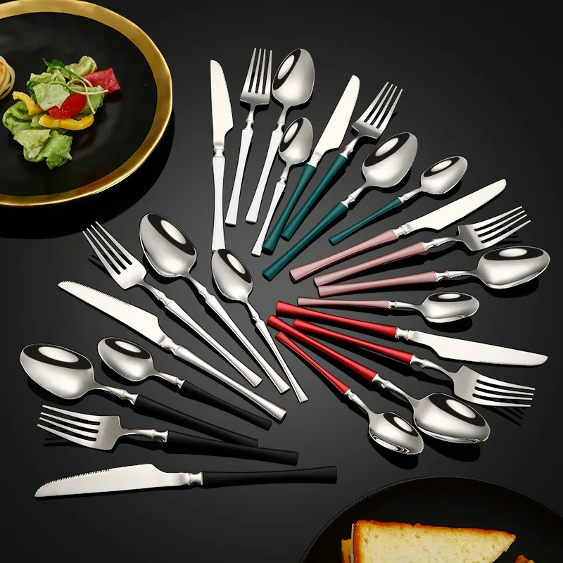 New 5PCS 304 Stainless Steel Cutlery Set with Pattern Gold Silver Western Tableware Knife Fork Spoon Utensils for Kitchen