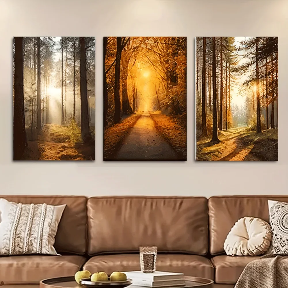 3pcs, Canvas painting--Unframed, Beautiful autumn forest, Decorative hanging ornament, living room, library, office, cafe, ba