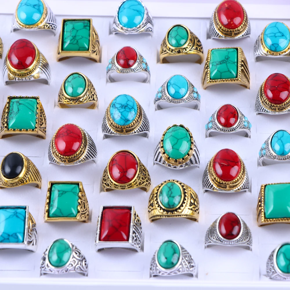 10/20/30/50Pcs/Lot Vintage Turquoise Stone Rings For Women Men Mix Style Color Retro Geometry Jewelry Party Gifts Wholesale