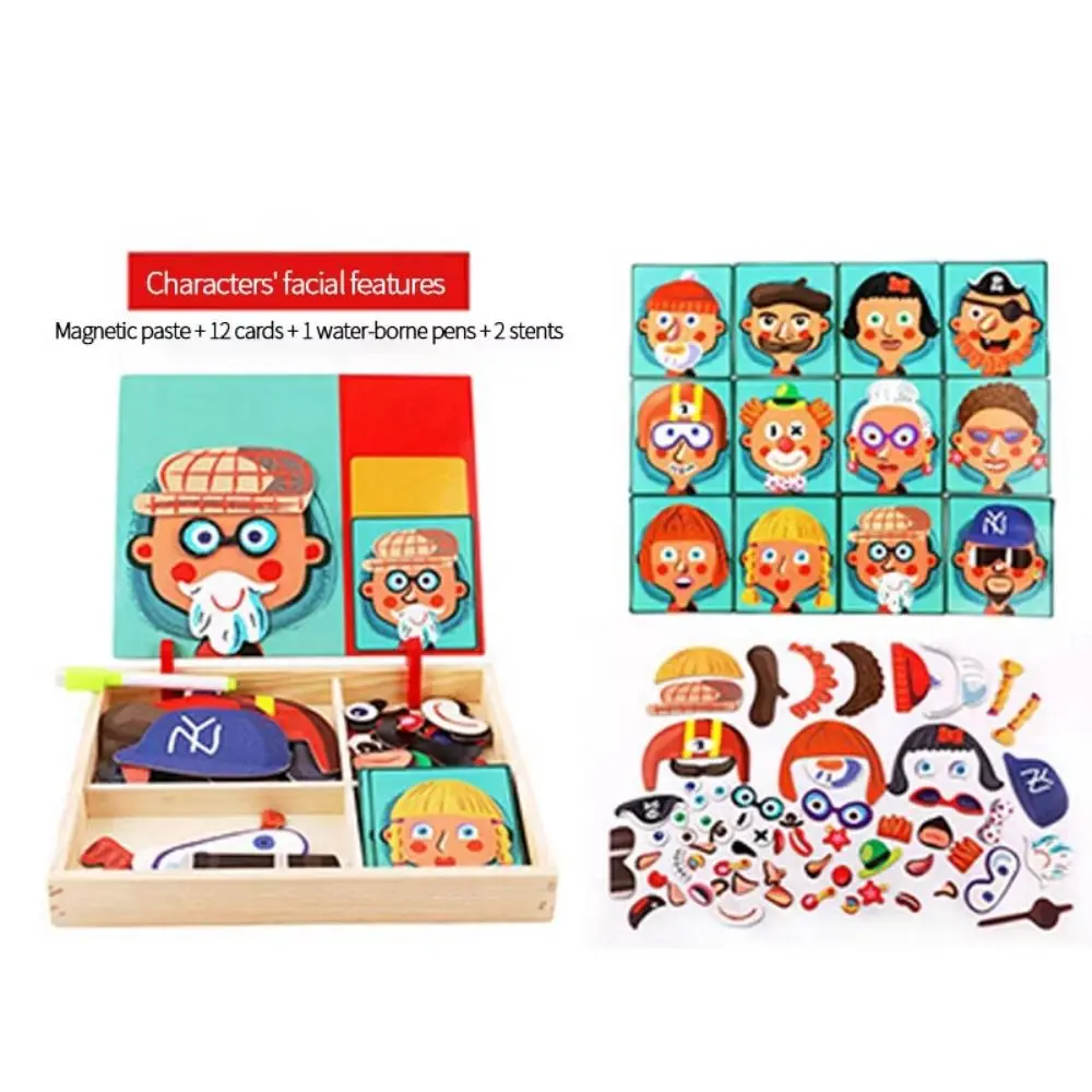 

Wood Magnetic 3D Puzzles Reusable Educational Magnetic Stickers Blackboard 2 Holders Wooden Puzzles Magnet Book Educational