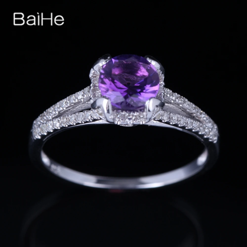 BAIHE Solid 14K White Gold natural Amethyst Diamond rings for women everyday Wedding Trendy Party Fine Jewelry парные кольца