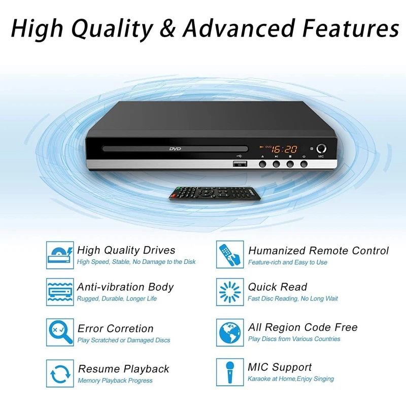 DVD Player High-defination 1080P Home DVD Player Box For TV All Region Free DVD CD-Discs Player AV-Output Built-in MIC-port