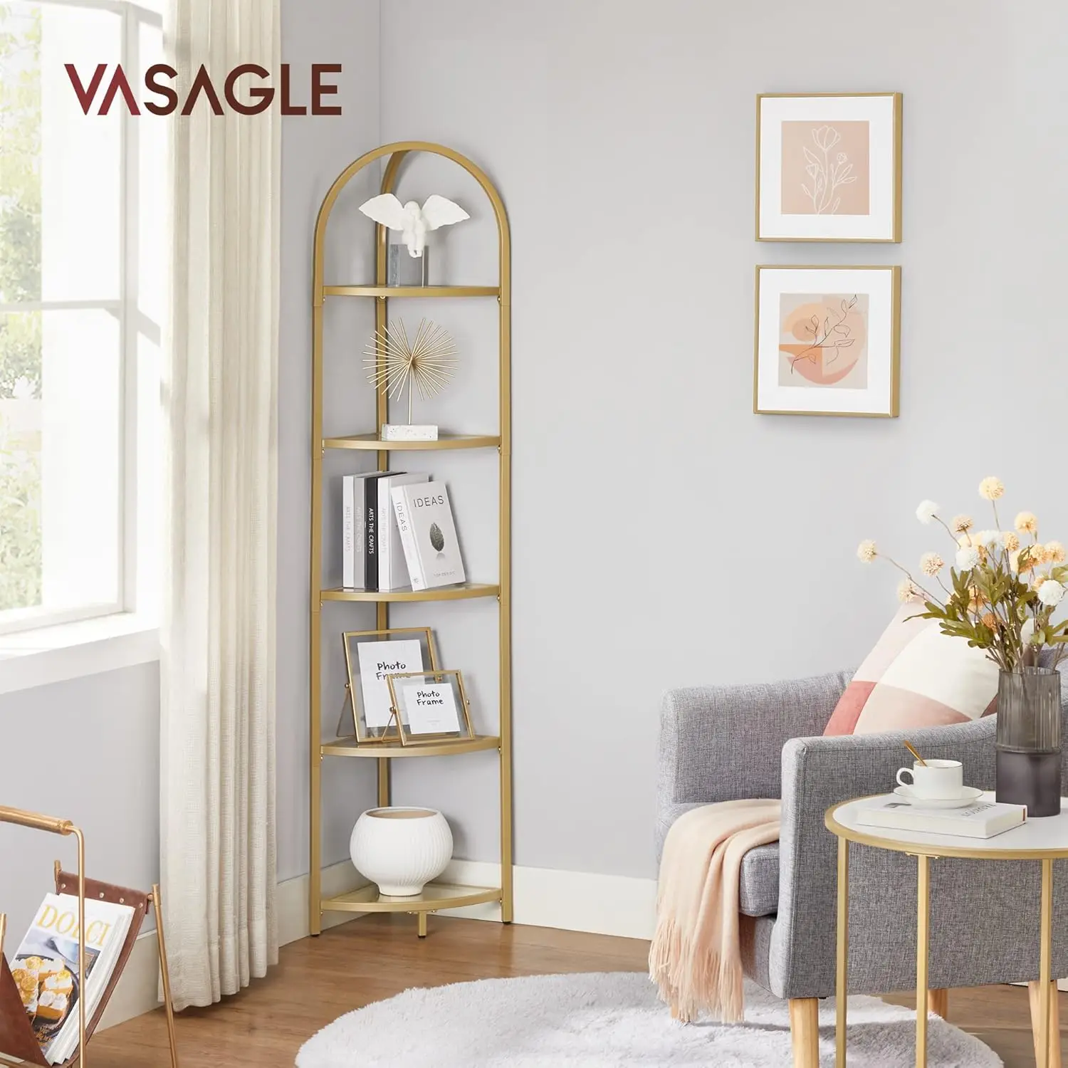 VASAGLE 5-storey Metal Toughened Glass Corner Shelf