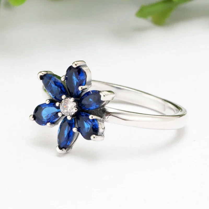 S925 Silver Sparkling Eternity Flower Rings Blue Zircon Ring for Women Wedding Vintage Accessories Original Fine Jewelry Gift