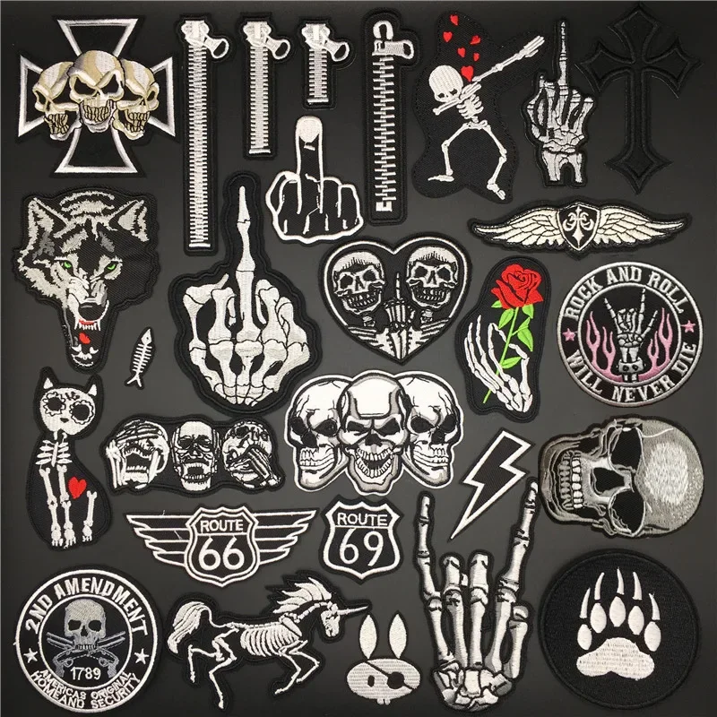 Skull Punk Embroidery Patch Patches for Clothing Diy Badges Sewing Decoration Clothes Stickers Iron on Patches Appliques