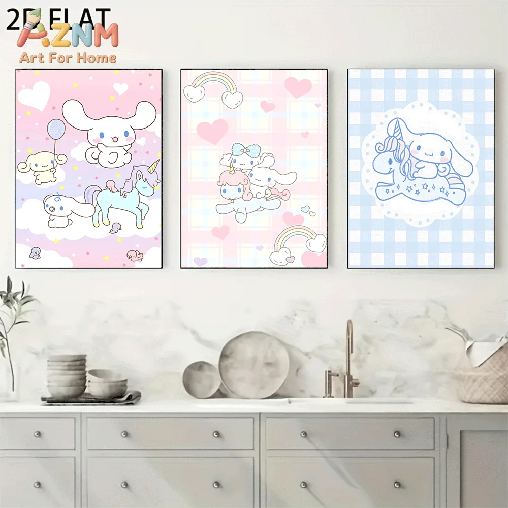 AZNM Cinnamoroll Canvas Wall Art Unframed Cute Cartoon Print Poster Unicorn Rainbow Heart Grid Plaid Cloud Balloon Kawaii Design