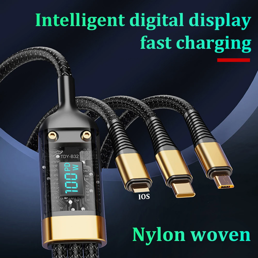 3-in-1 100W 5A Fast Charging USB To Type-C Micro Fast Charger Cable For iPhone 14 13 Samsung Xiaomi Huawei iPhone 14 13