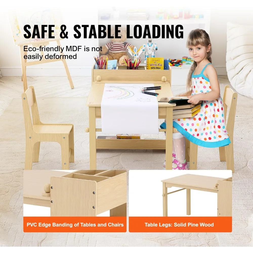 طاولة فنية للأطفال مع كرسيين، مجموعة أنشطة لعب الحرف اليدوية 2 في 1 مع خزانة تخزين للتعلم