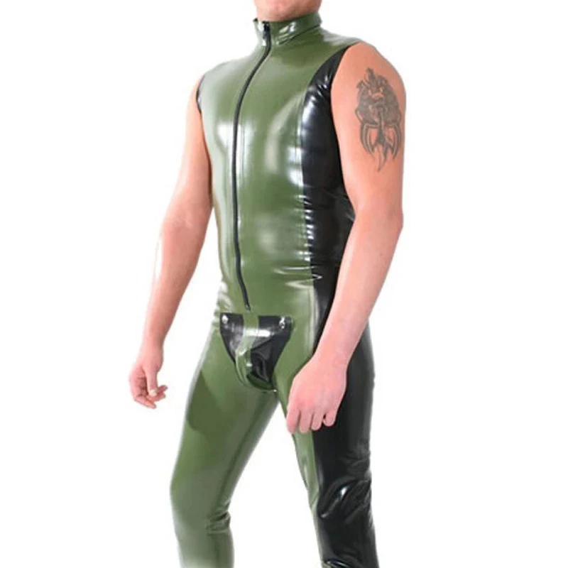 

Latex Jumpsuit Rubber Catsuit Gummi Sleeveless Fitness Set with Front Crotch Zip Codpiece Army Green with Black for Men Wear