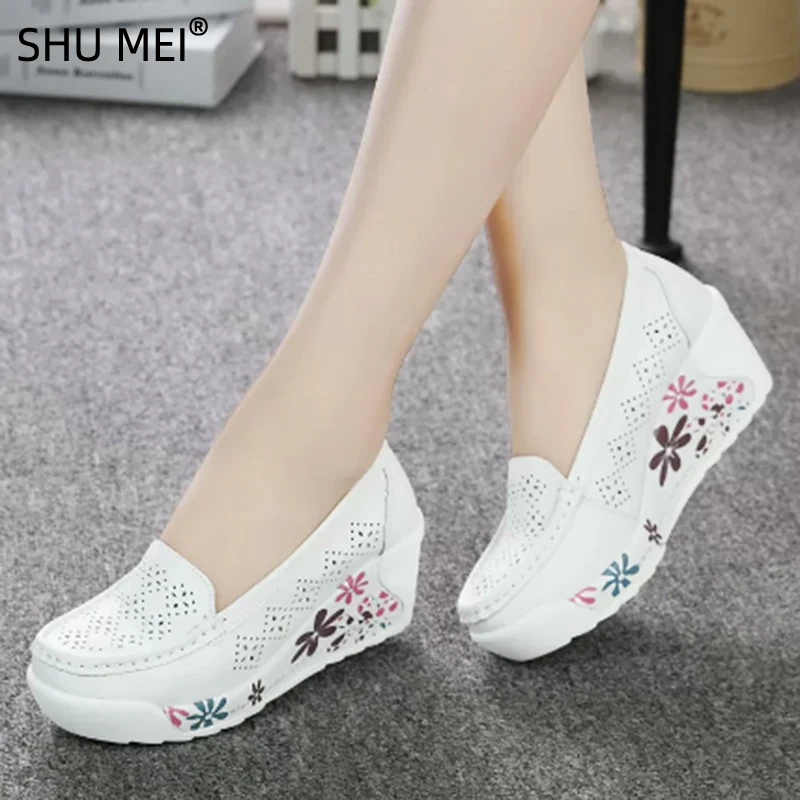 

New Women's Genuine Leather Platform Shoes Wedges White Lady Casual Shoes Swing Mother Shoes Size 34-40