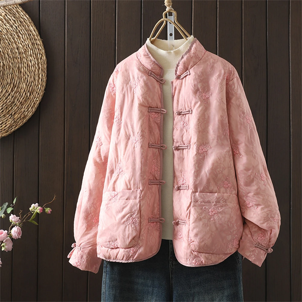 Women's New Chinese National Style Loose Cotton-padded Jacket Winter Casual Stand-up Collar Embroidered Thick Retro Buckle Coat