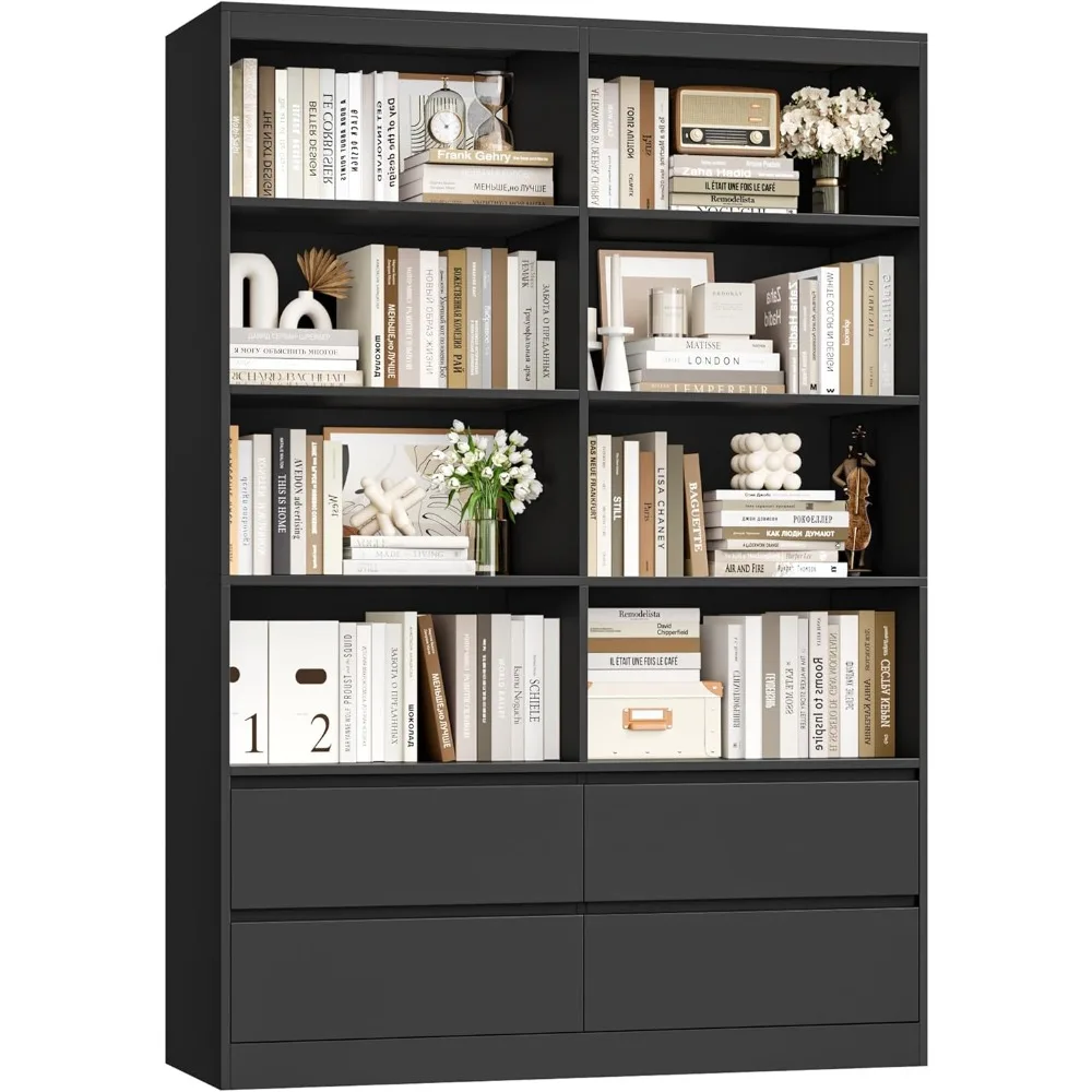 Large 71-Inch Black Bookshelf with Drawers, 47.3-Inch Wide Double Bookcases featuring Storage, and Tall Open Shelving Bookshelf