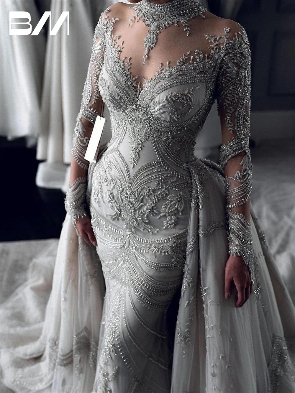 

Luxury Two Pieces Mermaid Wedding Dresses For Women With Detachable Train Long Sleeves High Neck Bride Dress Custom Made