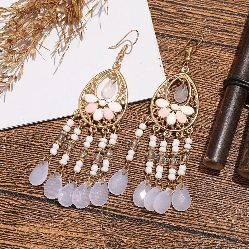 Vintage ethnische lange Tropfen Öl Blume Perlen Quaste Ohrringe für Frauen Boho Gold Farbe hohle Acryl Wasser Tropfen baumeln Ohrringe – Detail 6