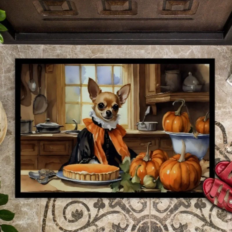 

Charming Non Slip Washable Low Pile Fall Chihuahua Pumpkin Doormat 24H X 36W Indoor Outdoor Entryway