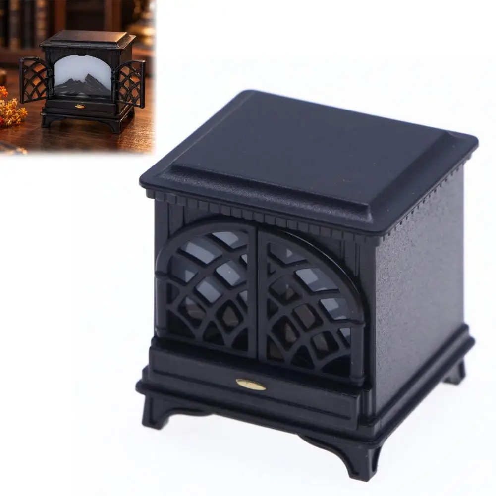 1:12 Miniature Dollhouse Fireplace with LED Light, Vintage Mini Stove Furniture Fireplace Model Christmas Diorama Ornament