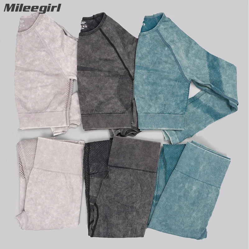 Mileegirl Set da yoga per donna a maniche lunghe Set di pantaloni sportivi in maglia senza cuciture Set da 2 pezzi Tute fitness da palestra vuote