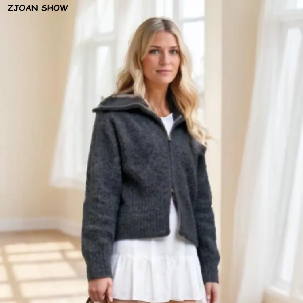 

4 colors 2025 Autumn Winter Double Zipper Head Lapel Knitted Cardigan Thick Sweater Women Loose Short Knitwear Dark Gray