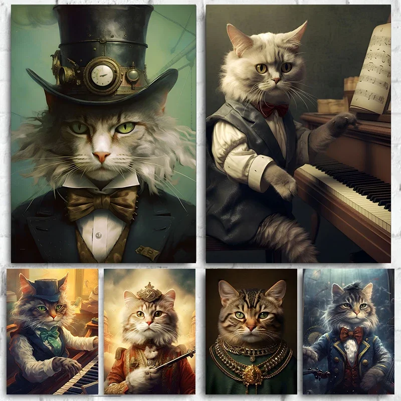 Póster Steampunk, pintura al óleo de gato, animal interesante, impresión en lienzo, póster, arte de pared, decoración, pintur