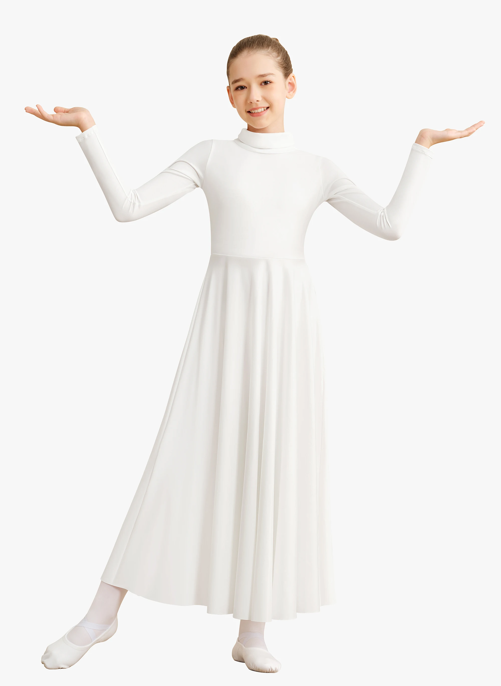 

Girls Praise Dance Dress Loose Fit Full Length Long Sleeve Worship Liturgical Costume Freely cropping Folding Collar