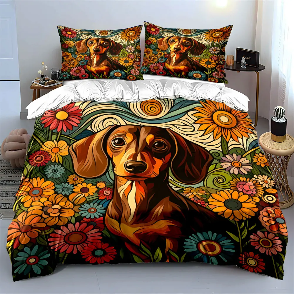 Dog Design Floral Home Décor Soft Skin-Friendly Bedding Set Includes 1 Duvet Cover And 2 Pillowcase, Gift