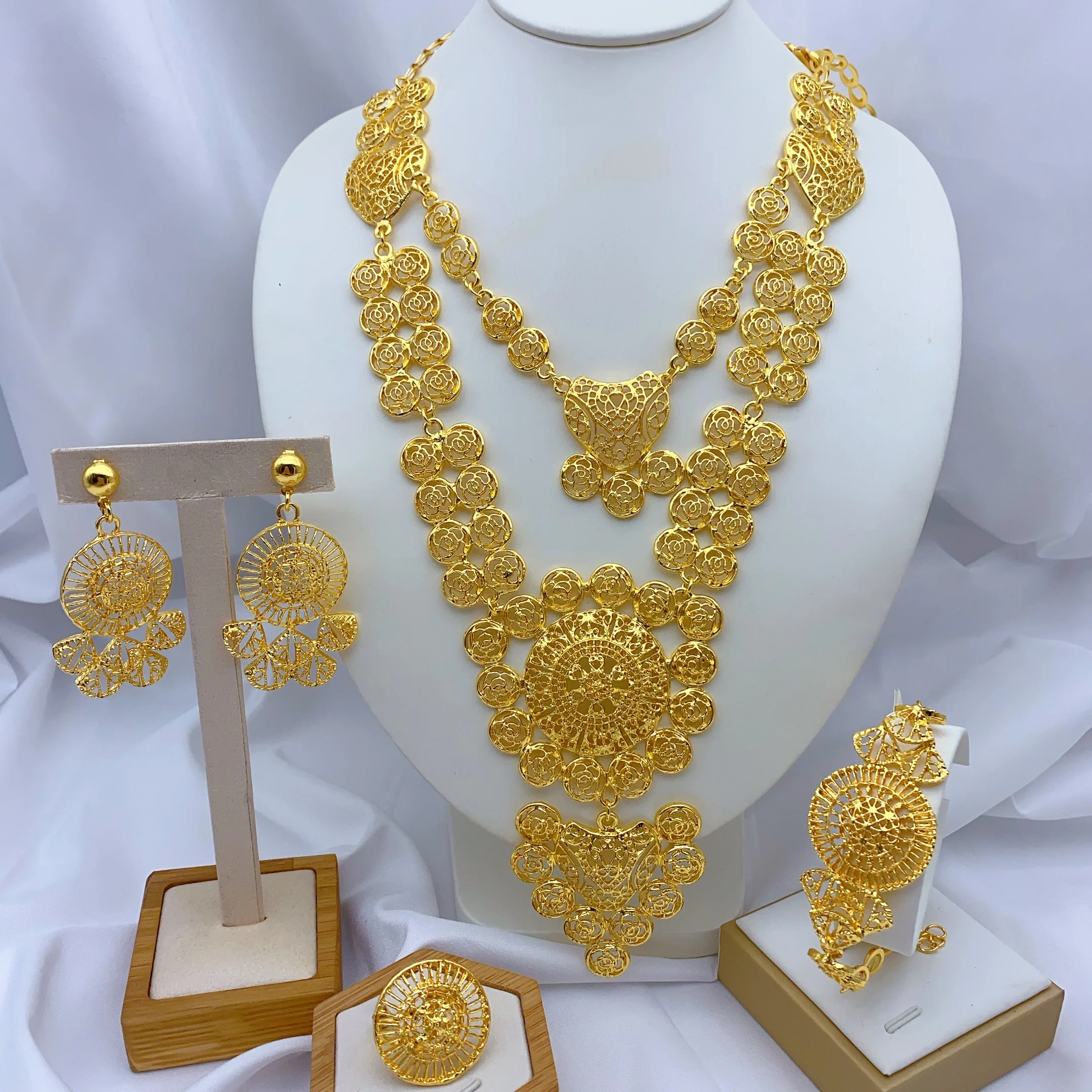 Brasilianische 24K Gold Farbe Schmuck Sets Hochzeit Dubai Lange Halskette Ohrringe Für Frauen Nigerianischen Indischen Braut Set Party Geschenke