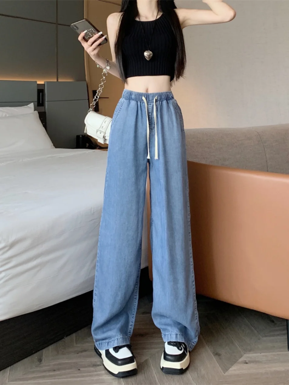 جينز نسائي عالي الخصر وواسع الساق صيفي رفيع وفضفاض وخصر مرن وفضفاض مناسب للتخسيس سروال طويل #1