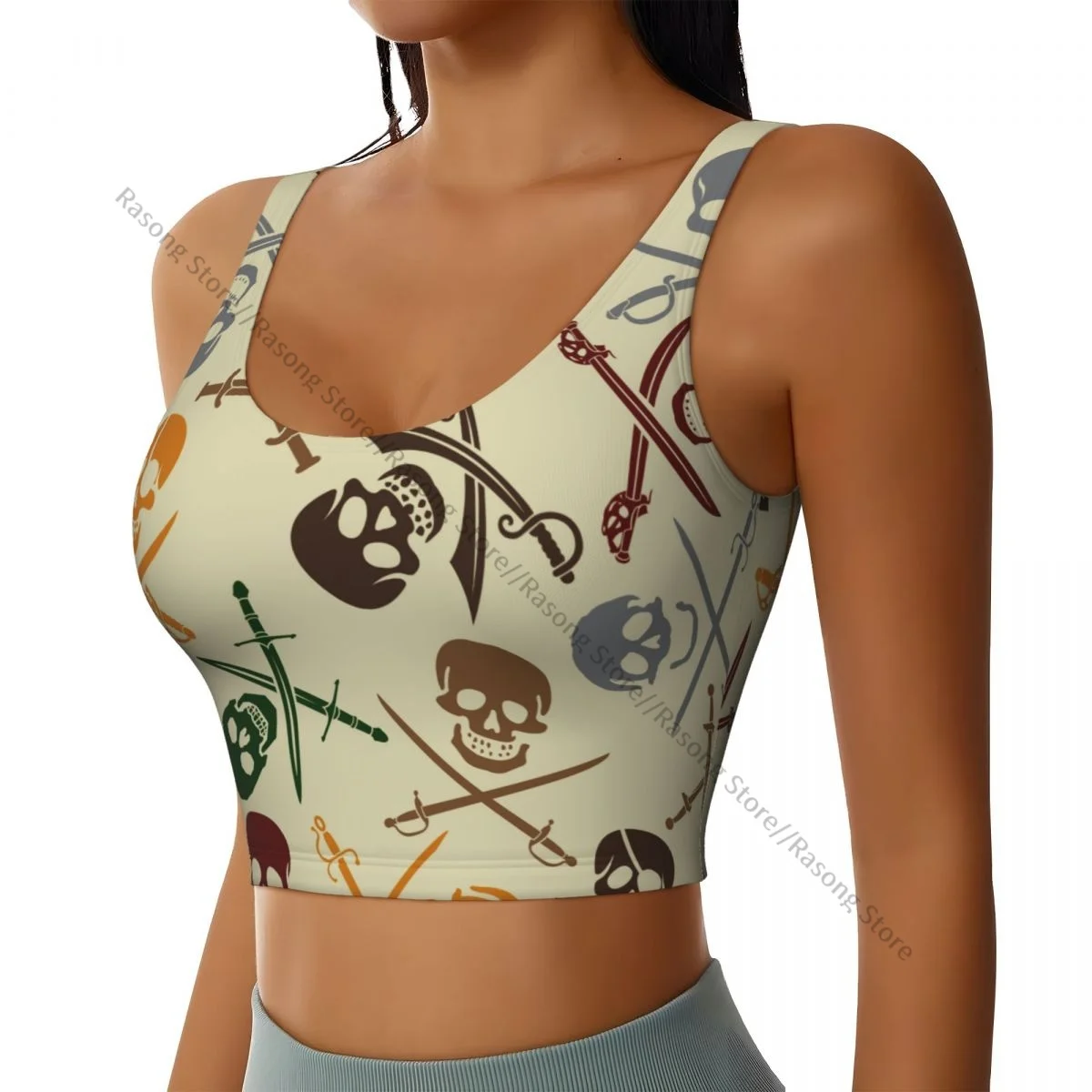 Sports Bra Women Running Yoga Clothes Vest Pirate Skulls With Crossed Swords Pattern Gathering Fitness Vest