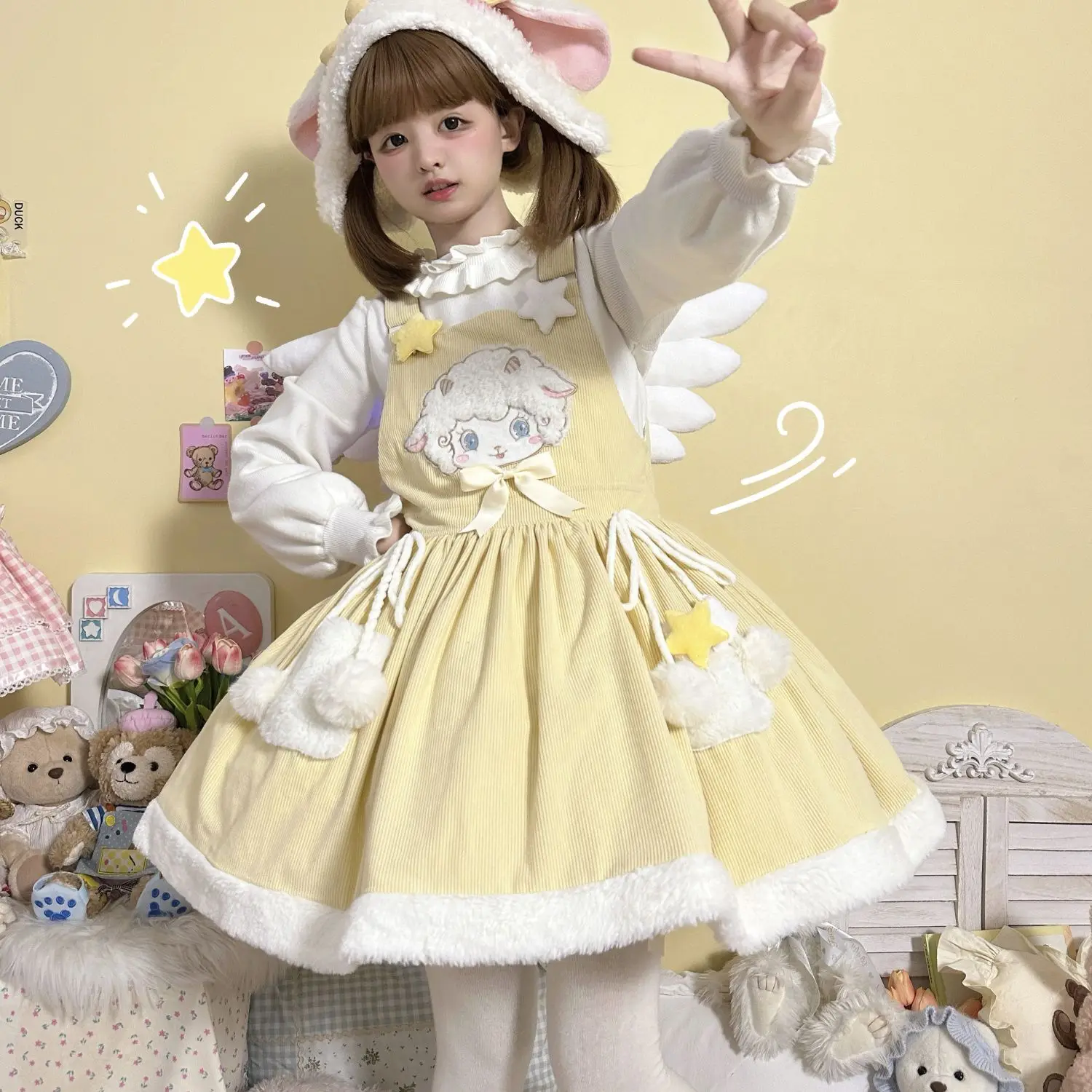 NONSAR Japanese Kawaii Lolita JSK Mini Dress Women Autumn Sweet Cute Bow Sheep Applique Embroidery Stars Party Strap Dresses