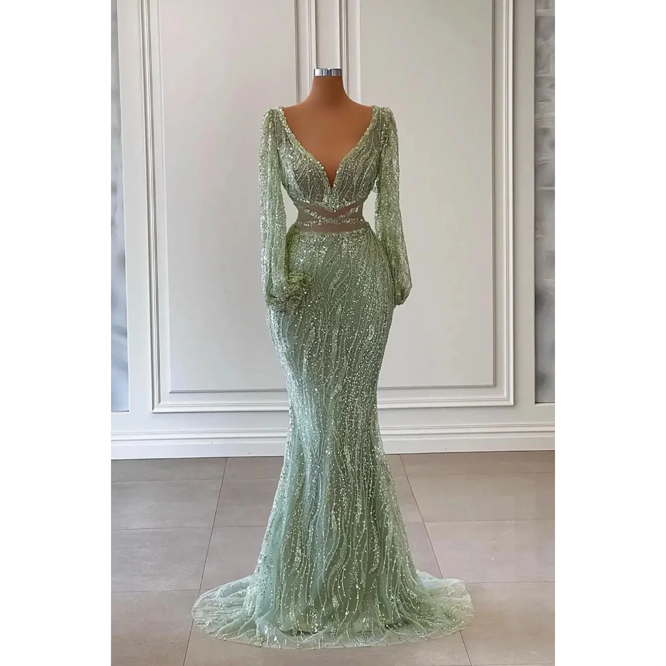 حورية البحر الأخضر أكمام طويلة فستان حفلة موسيقية رقبة V مع الخرز الترتر طول الأرض أنيقة ثوب المساء اللباس الرسمي حزب اللباس مخصص