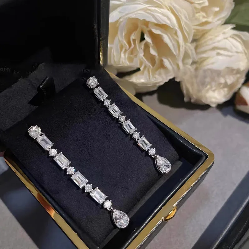 925 sterling silver light luxury water droplet square diamond tassel earrings for women, cutting process rectangular ear line