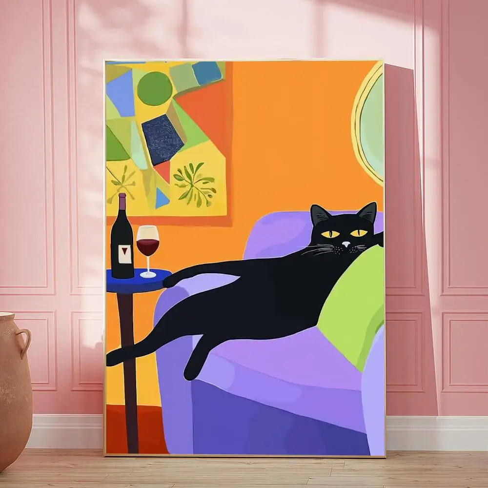 Retro Black Cat Wine HD Wall Art Poster Bar Cart Cocktail Vintage Mid Century Eclectic Wine Bar Kitchen Home Decor Gift