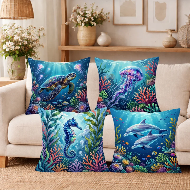 Best Decorative Ocean Themed Pillow Covers Set of 4 Tropical Marine Sea Life Cushion Decor Polyester Nautical Home Accent Gift I