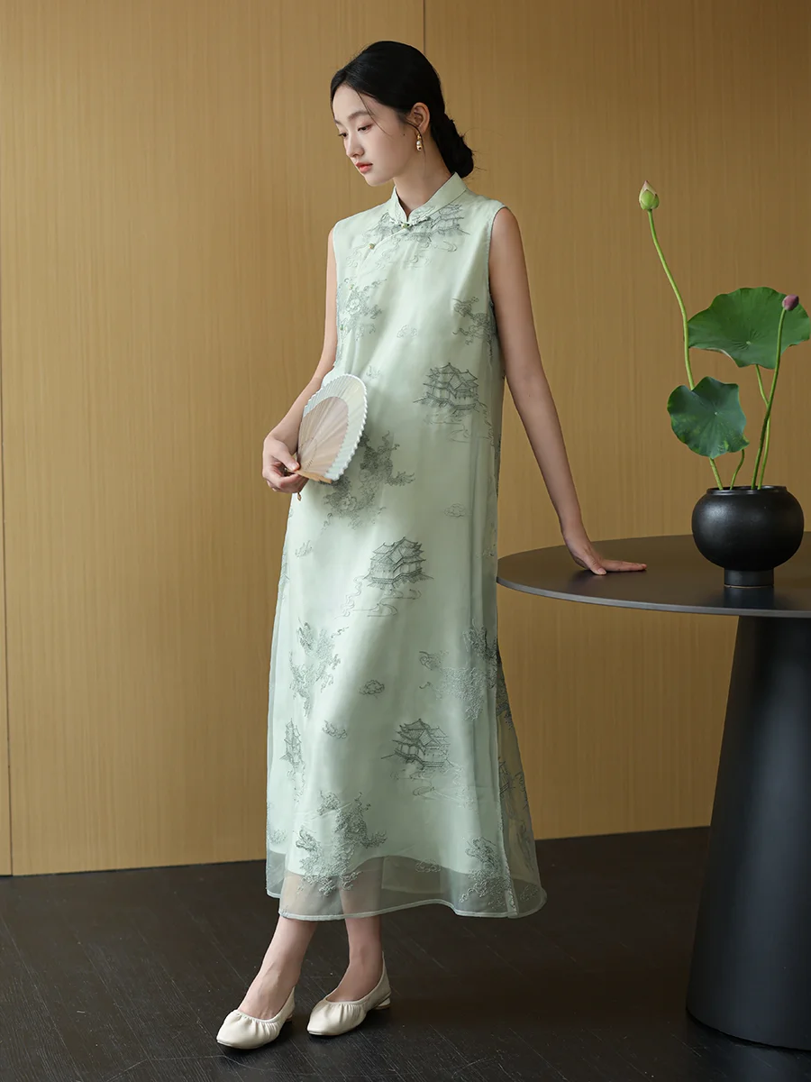 

Элегантное китайское платье для чайной церемонии с вышивкой, летнее, из прозрачной европейской органзы, женское...